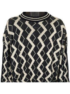 Vintage Zig Zag Geometric Sweater Mens Size XL Black White 80s  Made In Korea
